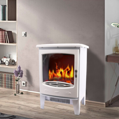 Free Standing Electric Stove with LED Fireplace Fire Flame Heater White ...