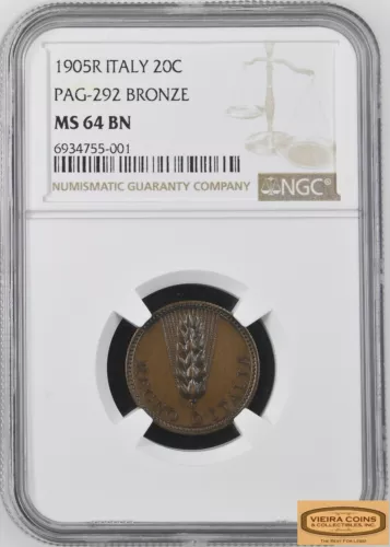 RARE 1905-R  Italy 20 Centesimi  PAG-292 BRONZE, NGC MS64 BN - #B45066