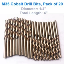 20pcs 1/4" x 4" Cobalt Drill Bit HSS M35 Jobber Length Metal Wood DrillBit