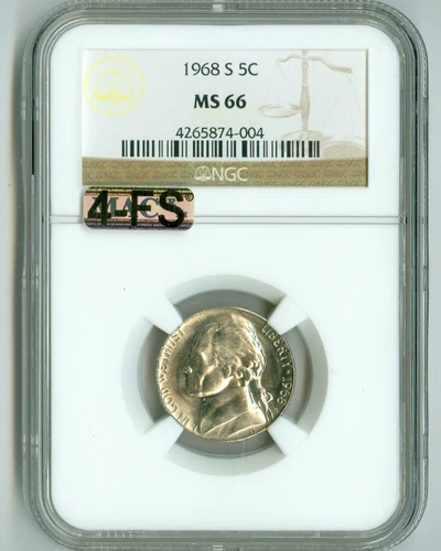 1968 S JEFFERSON NICKEL MS66 NGC MAC 4FS, 4 FULL STEPS, SPOTLESS, $4,000 IN FS