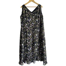 Vintage Mary McFadden Size 20W Black Floral 1990s Sleeveless Midi Botanical Spri