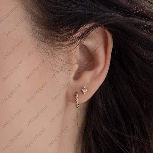 Natural Black Diamond Huggies Earrings 14k Gold Starry Diamond Hoops Earrings - Picture 3 of 3
