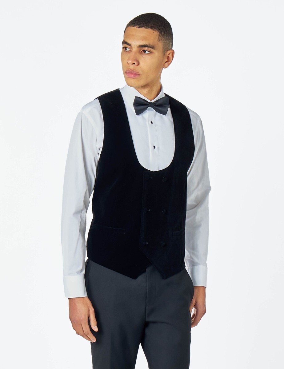 Mens Black Velvet Tuxedo Waistcoat Scooped Double Breasted Wedding Dinner  Vest