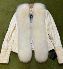 Nwt King Truva White Genuine Lambskin Leather Jacket Real Fox Fur Collar Sz L