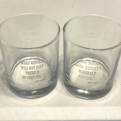 EUC Whiskey Quote Quotation Lowball Rocks Glass Set (2) Irish Proverb Mark Twain