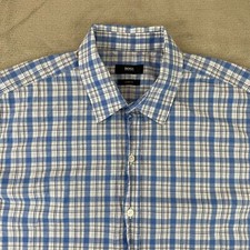 Hugo Boss Shirt Men XL White Blue Plaid Sharp Fit Short Sleeve Designer Twill