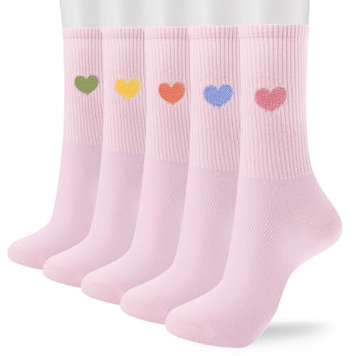 Women's Crew Calf Cotton Socks Long Fun Cute Heart Soft 5-9 5pairs-light Pink - Picture 2 of 7