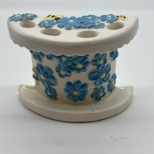 Vintage Bathroom Sink Toothbrush Ceramic Holder White w/ Blue Flowers Bees Read