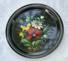 Vtg  Small Black Tole Ware Metal Tray Hand Painted Floral Design 7.25"