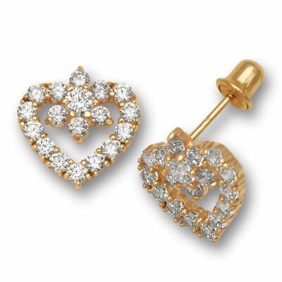 14K Yellow Gold CZ Heart Screw Back Earrings All Birthstone Colors Love Gift