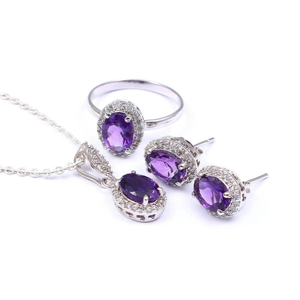 Ametista Viola Gemma 925 Argento Sterling Sposa Gioielli Set Anniversario Regalo - Immagine 3 di 4