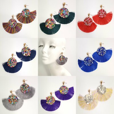 E0265 Circle Half Moon Shape Blue Tone Thread Tassel Drop Dangle Post Earrings