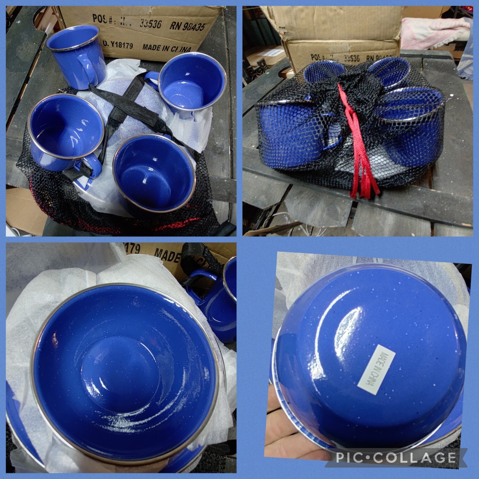 Blue Speckled Enamelware Camping Dinnerware 16-Pc Set Service for 4 RN 98435