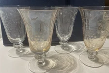 Vintage Etched Footed Iced Tea Glasses Optic Panel Floral 4 1950's Cut Glass 