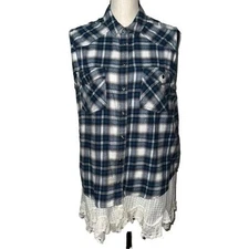 BDG Womens Sleeveless Plaid Button-Down Top Lace Hem Blue & White Size Medium