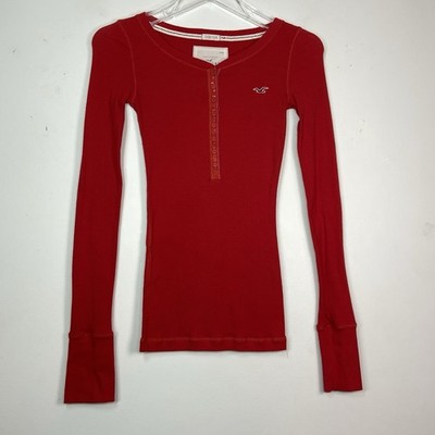 VTG Y2K Hollister Ribbed Henley Top Size XS Red Stretch Elena Gilbert Bella Swan