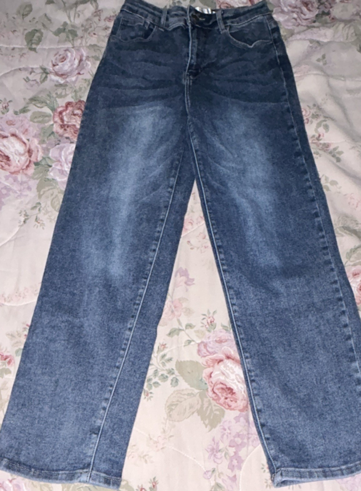Bamboo Women's Wide-Leg Blue Denim Jeans Button Zip Pockets 5-Pocket Design