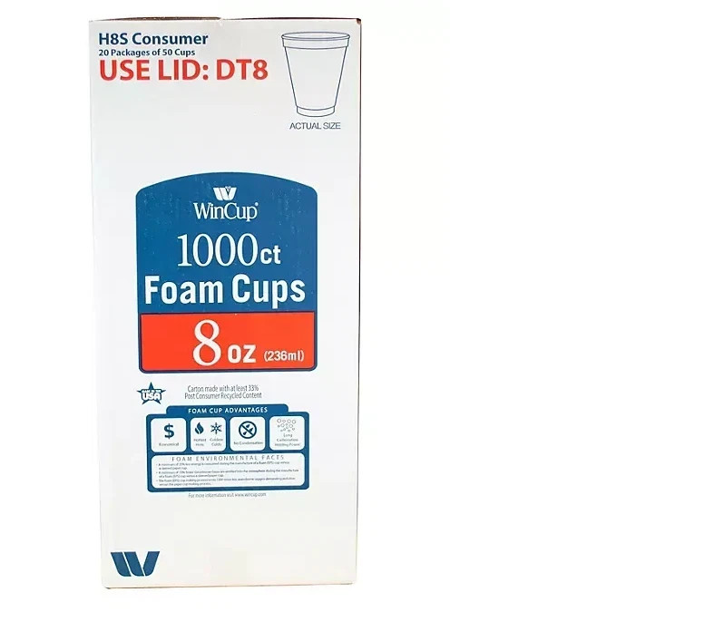 WinCup 8-Oz.Foam Cups, Styrofoam Cups Disposable 1000 ct. White