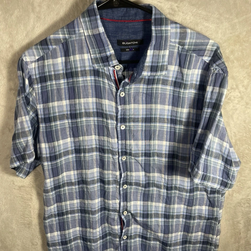 Bugatchi Shirt Adult Large Blue White Striped Linen Shaped Men 2575 - Image 3 of 4