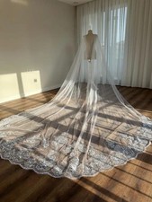 Handmade White Floral Embroidered Lace Tulle Long Bridal Cape Cathedral Wedding