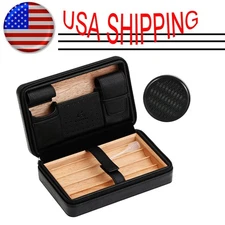 Galiner Black Leather Cedar Lined Cigar Case Travel Cigar Humidor W/ Humidifier