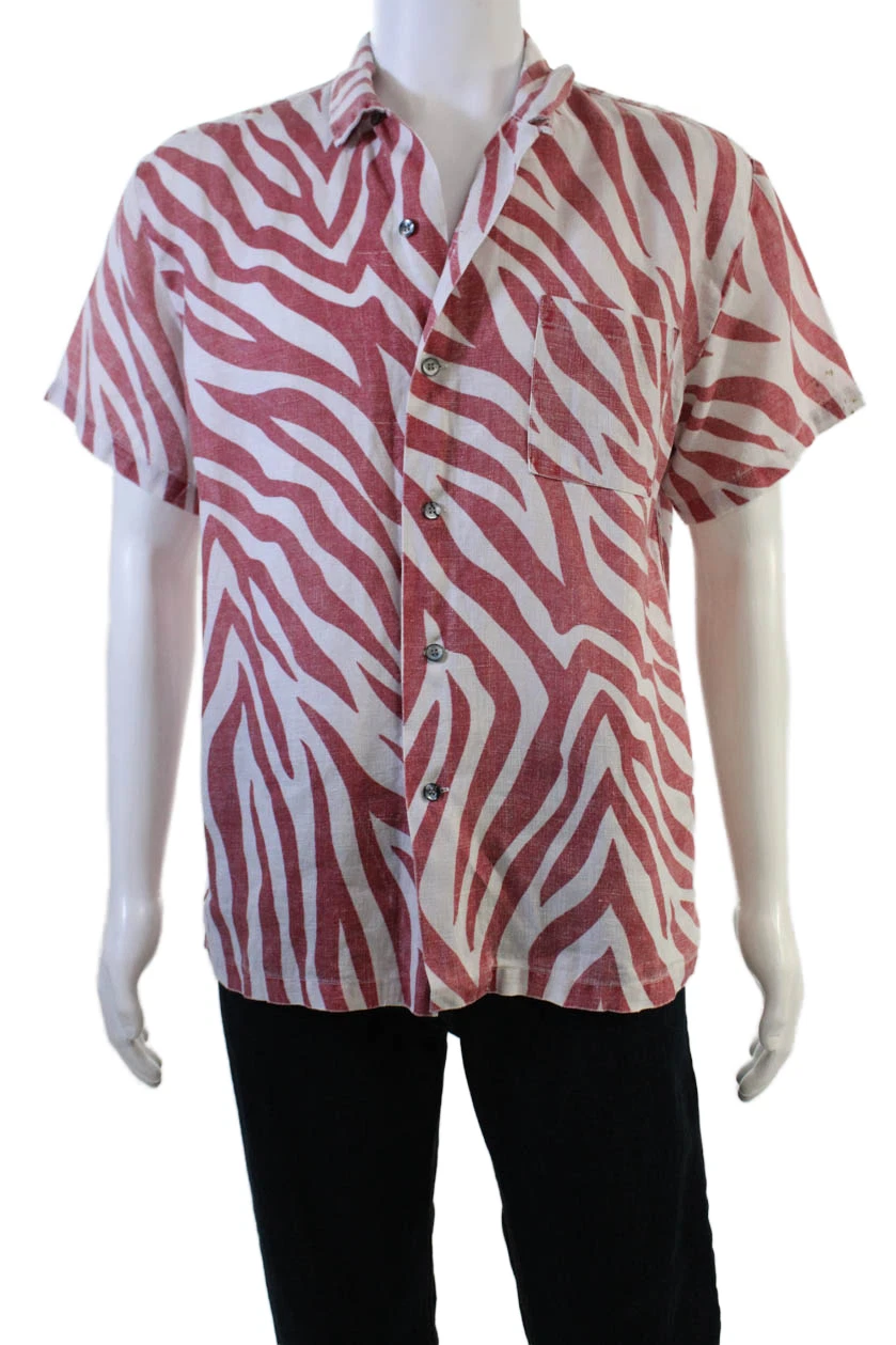 Double Rainbouu Mens Linen Striped Short Sleeve Button Up Shirt Red Size XS