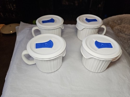 Corning Ware (4) tazze da pasto pop-in BIANCO FRANCESE 20 oz + coperchi ventilati blu plastica - Foto 5 di 15