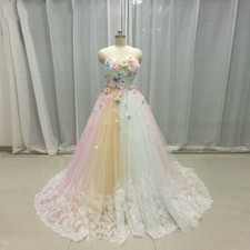 3D Flowers Rainbow Wedding Dresses Strapless Lace A Line Backless Bridal Gown