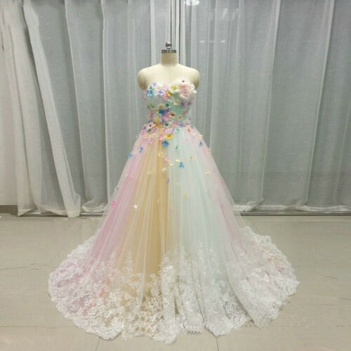 3D Flowers Rainbow Wedding Dresses Strapless Lace Edge Bridal Gown A Line Custom - Picture 1 of 14