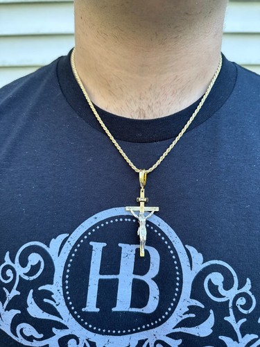 Real Solid 925 Silver / Gold Mens Cross Jesus Piece Crucifix Pendant Necklace - Picture 10 of 24