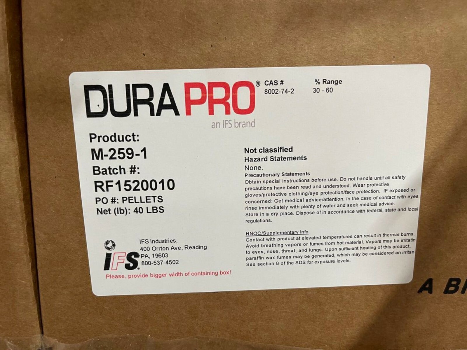 IFS DuraPro M2591 Hot Melt Adhesive Pellets, 40lb Box eBay