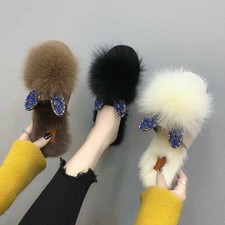 Women Furry Slippers Faux Fur Rhinestone Slip on Flats Shoes Sandals Warm