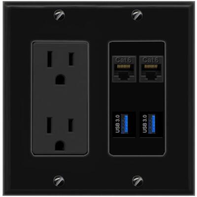 RiteAV 2 Port Cat6 2 USB3 Wall Plate Outlet Black