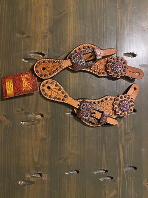 NEW WITH TAG HILASON TOOLED LEATHER SPUR STRAPS WITH PINK BERRY CONCHO'S BHPS163