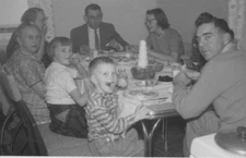 4R Photograph 1958 Family Portrait Candid Snapshot Dinner Table Kids Men Women