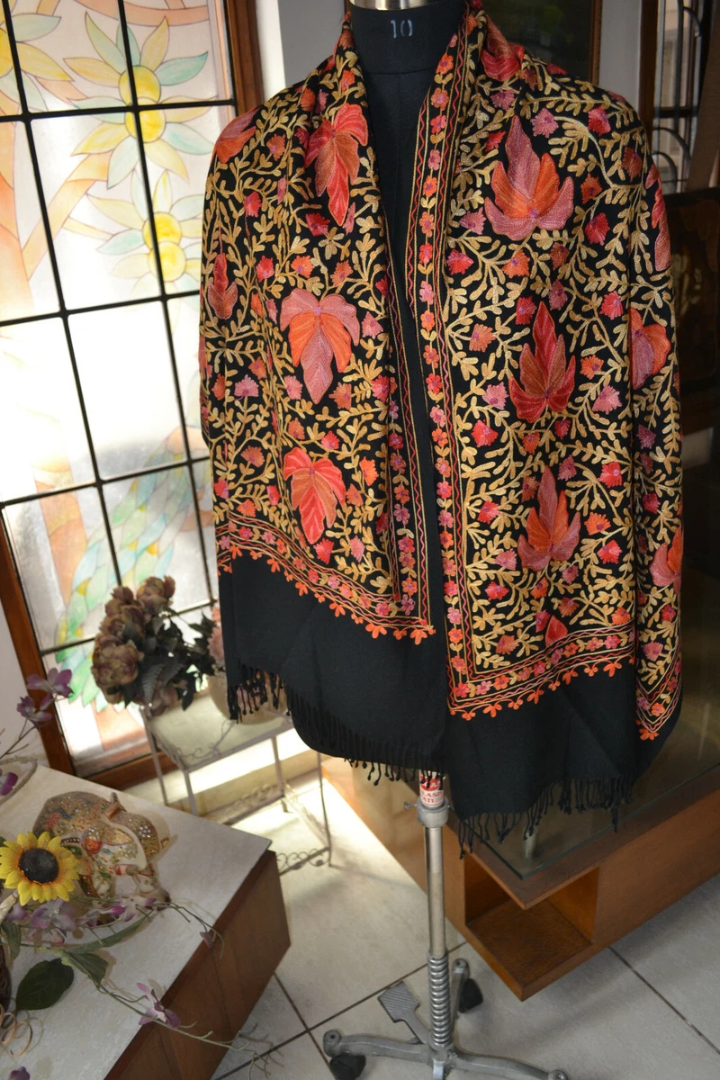 FLORAL CREWEL EMBROIDERY KASHMIRI Shawl 100 CASHMERE PASHMINA 16