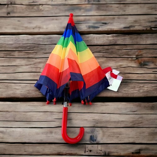 Ombrello a righe arcobaleno per bambini leggero per ragazze e ragazzi manico curvo - Foto 4 di 4