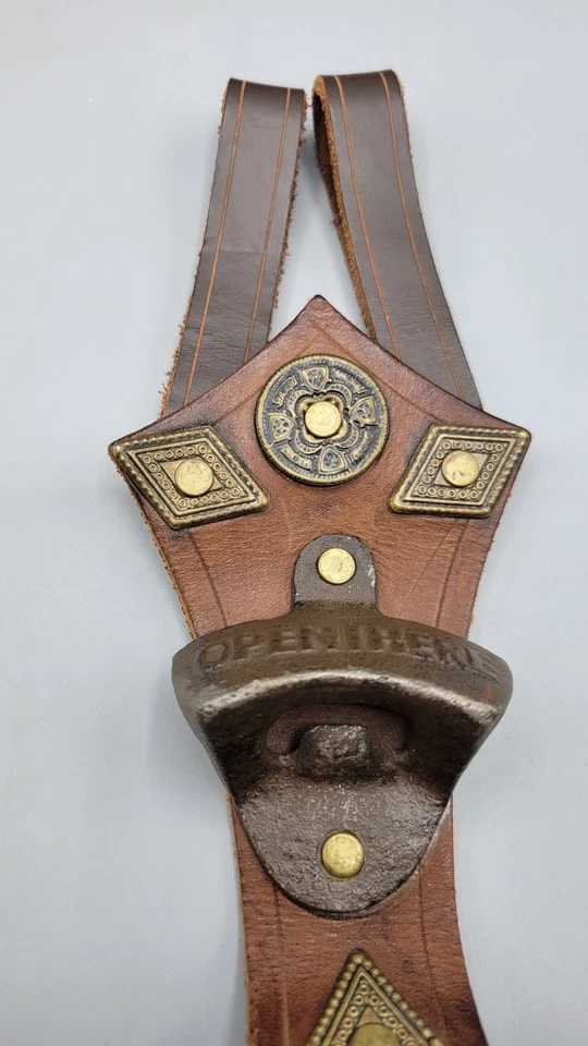 Vintage Cowboy Cast Iron Bottle Opener Brown Genuine Leather Belt Holster - Image 2 of 4