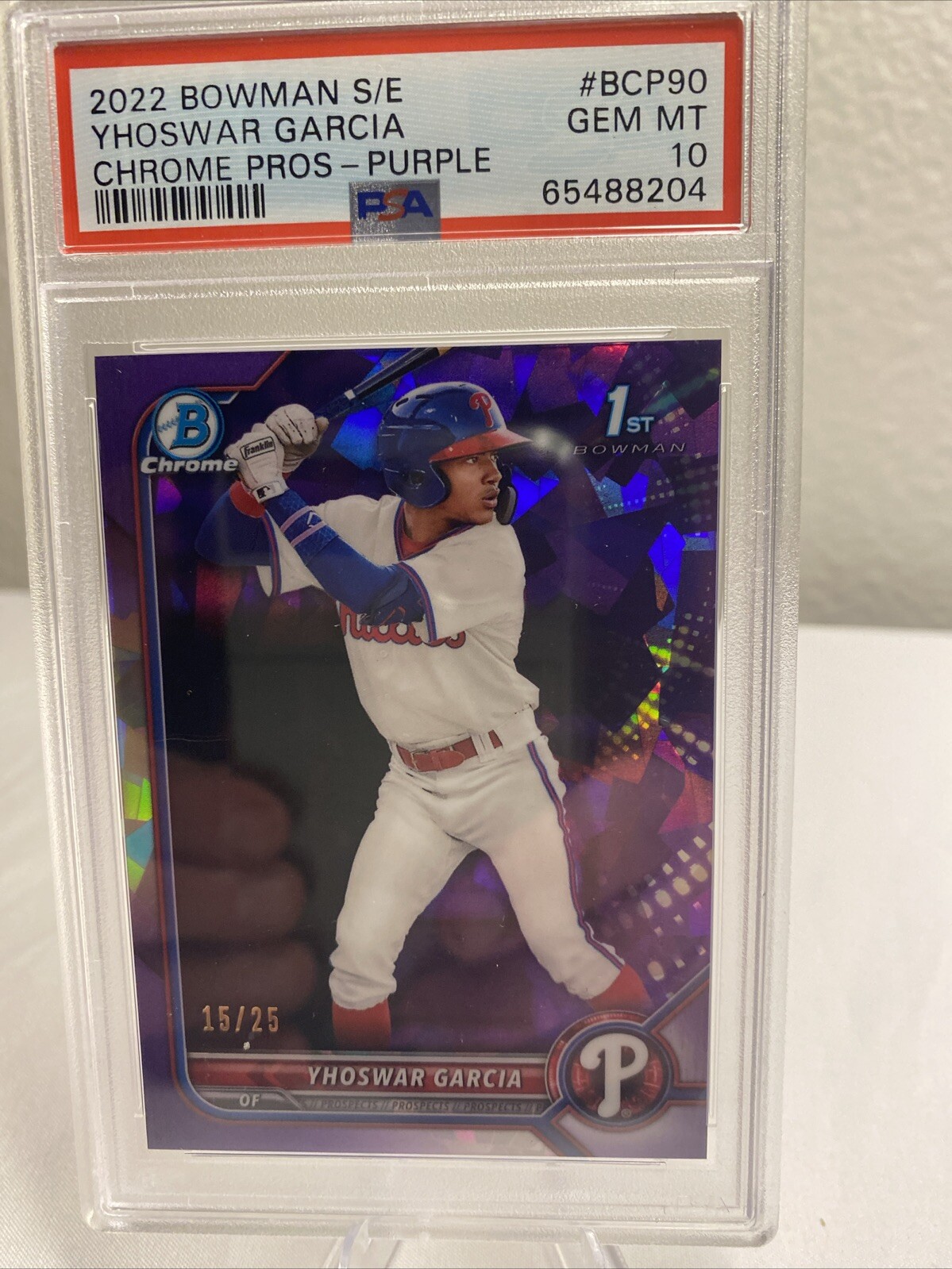 2022 Bowman Sapphire Chrome Purple /25 Yhoswar Garcia #BCP90 PSA 10 Phils RC JA