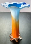 Vintage Murano Art Glass Vase with Tulip Base & Fluted Top - Turquoise & Orange