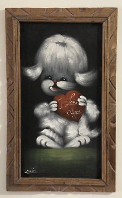 Vintage Mid-Century Kitschy Black Velvet Oil Painting Furry White