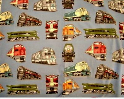 VTG Large Scale Trains Locomotives On Blue By Timeless Treasures 24 X19  BTFQ+