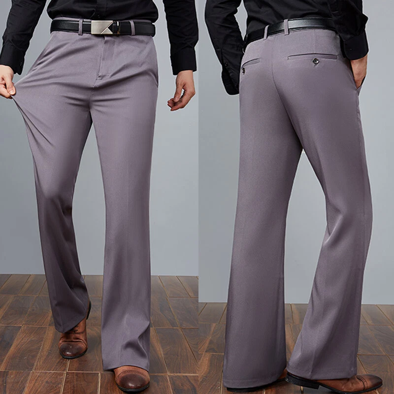 Men Bell Bottom Pants Flared Formal Dress Trousers Slim Office Work Casual  Plain