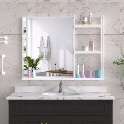 White Metal Framed Bathroom Mirror with Shelf, 24.4 X 31 in Rectangular Wall ...