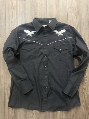 Vintage Ely Cattleman Pearl Snap Western Shirt Eagle Embroidery Black Large