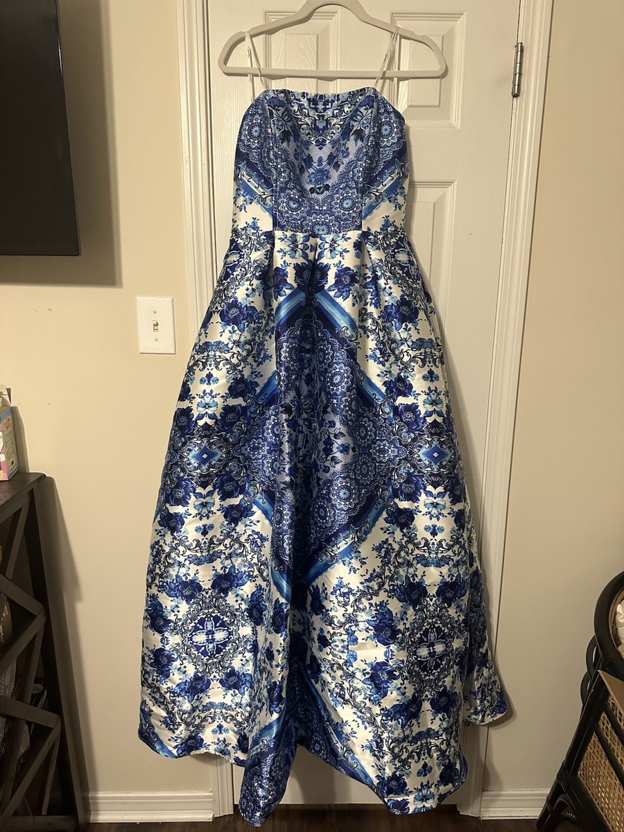 floral blue and white prom dress A-line Sweetheart SweepTrain Blue Printing Organza Prom Dresses #3050 main image 0