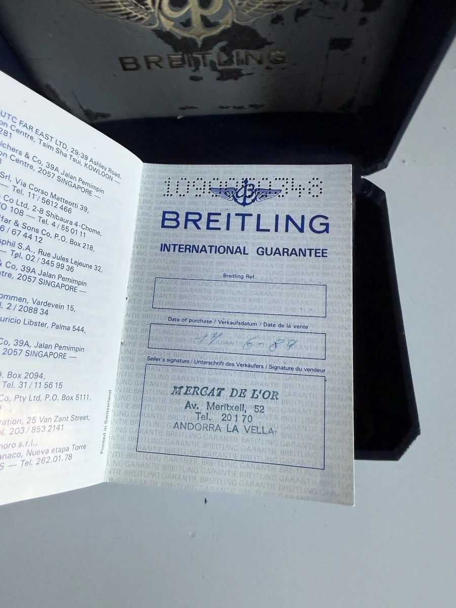 Breitling International Guarantee Warranty & Box-1989.SERIAL NUMBER BLANK!!