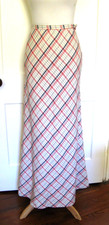VINTAGE 70s BEVERLY PAIGE CREAM RED BLUE ARGYLE PLAID WOOL MAXI SKIRT XS