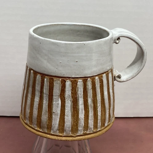 Handmade Studio Pottery Mug Rustic White & Tan Coffee Cup Artisan Signed RAY Vtg