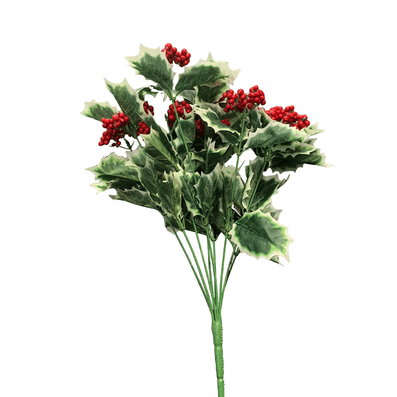 Faux Silk Variegated Holly Bush With Red Berries 9 Stems 41cm/16 Inches Tall